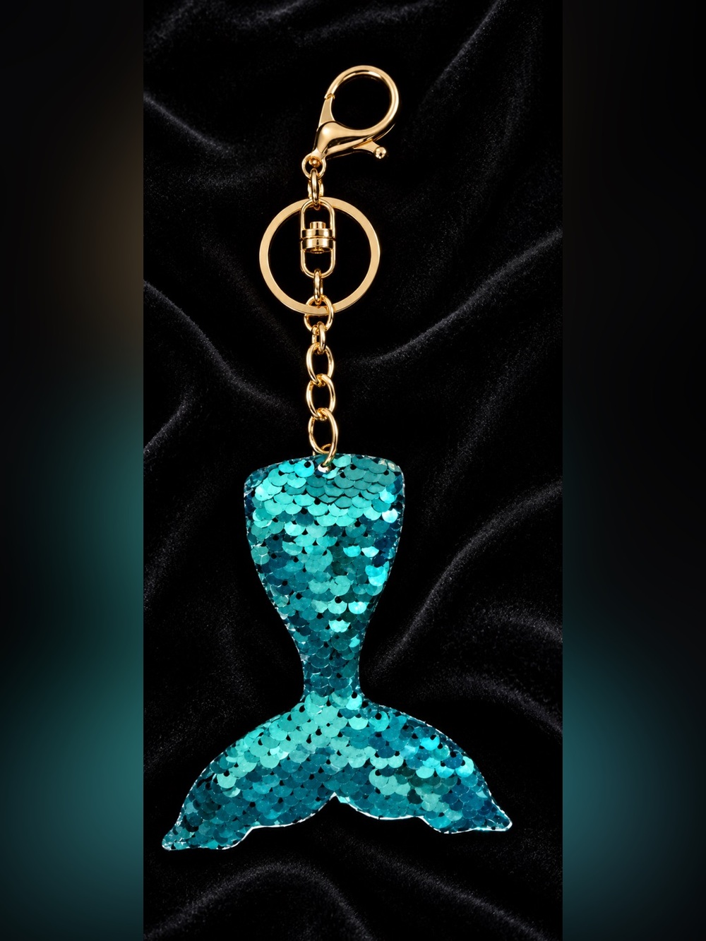 Viola Mermaid Tail Keychain or Purse Charm in Blue Sequins and Gold Hardware